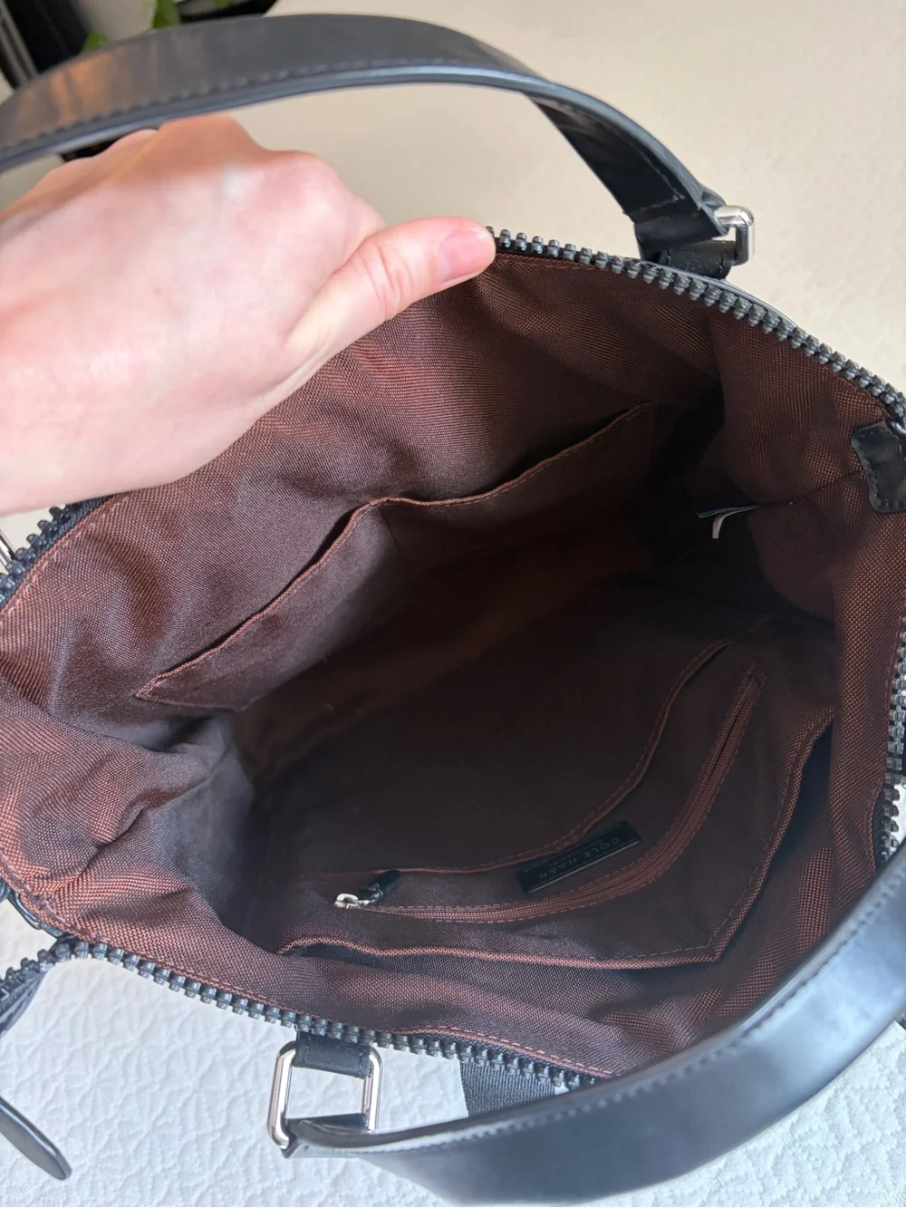Cole Haan Brown Tote Backpack with Leopard Accent and Black Trim
